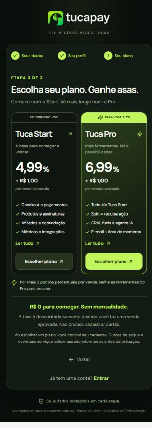 Captura real da escolha de planos no cadastro Tuca Pay: Start a 4,99% mais R$ 1 e Pro a 6,99% mais R$ 1, sem mensalidade.